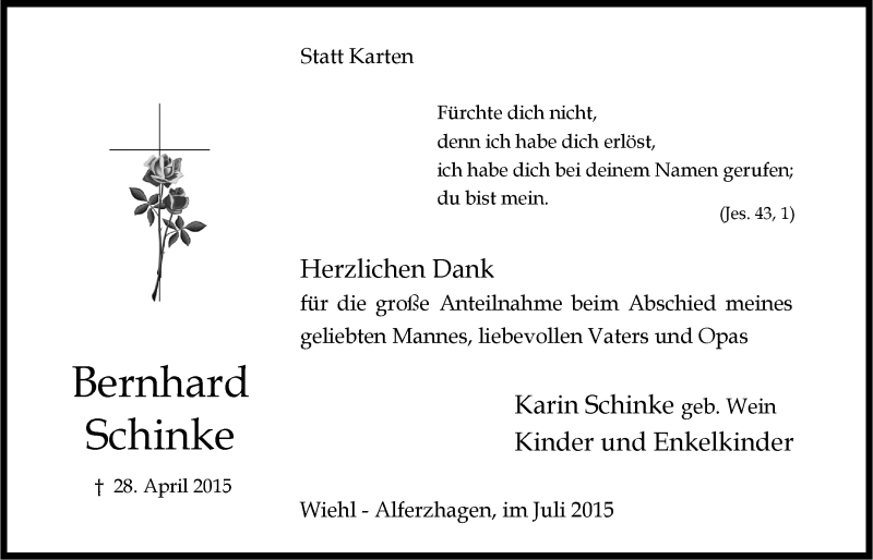  Traueranzeige für Bernhard Schinke vom 08.07.2015 aus  Anzeigen Echo 