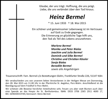 Anzeige von Heinz Bermel von Kölner Stadt-Anzeiger / Kölnische Rundschau / Express
