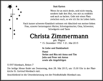 Anzeige von Christa Zimmermann von Kölner Stadt-Anzeiger / Kölnische Rundschau / Express