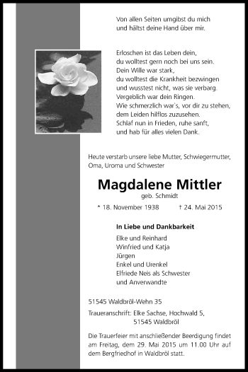 Anzeige von Magdalene Mittler von Kölner Stadt-Anzeiger / Kölnische Rundschau / Express