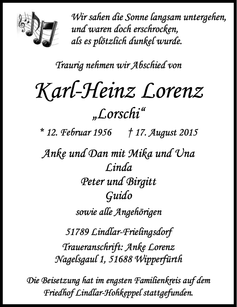  Traueranzeige für Karl-Heinz Lorenz vom 29.08.2015 aus Kölner Stadt-Anzeiger / Kölnische Rundschau / Express