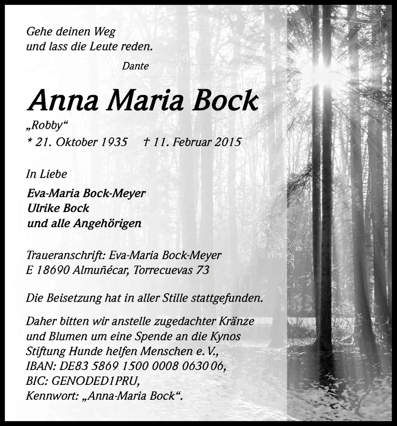  Traueranzeige für Anna Maria Bock vom 21.02.2015 aus Kölner Stadt-Anzeiger / Kölnische Rundschau / Express