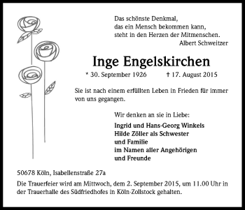 Anzeige von Inge Engelskirchen von Kölner Stadt-Anzeiger / Kölnische Rundschau / Express