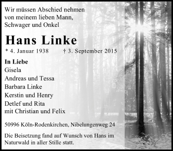 Anzeige von Hans Linke von  Kölner Wochenspiegel 