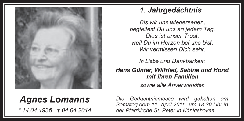  Traueranzeige für Agnes Lomanns vom 08.04.2015 aus  Werbepost 
