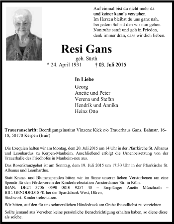 Anzeige von Resi Gans von Kölner Stadt-Anzeiger / Kölnische Rundschau / Express