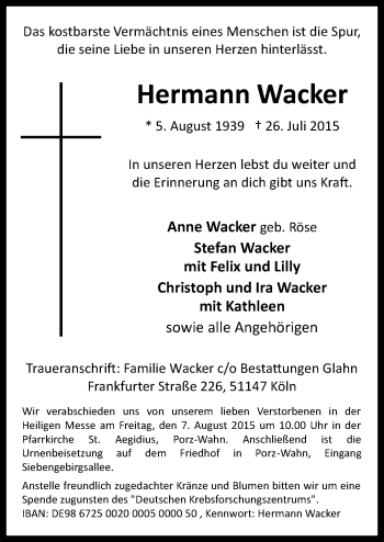 Anzeige von Hermann Wacker von  Kölner Wochenspiegel 
