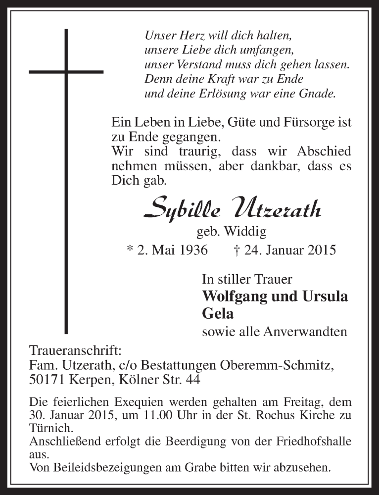  Traueranzeige für Sybille Utzerath vom 28.01.2015 aus  Werbepost 