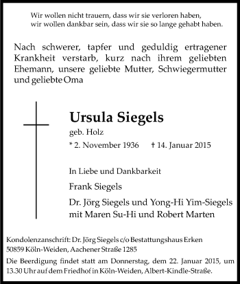 Anzeige von Ursula Siegels von Kölner Stadt-Anzeiger / Kölnische Rundschau / Express