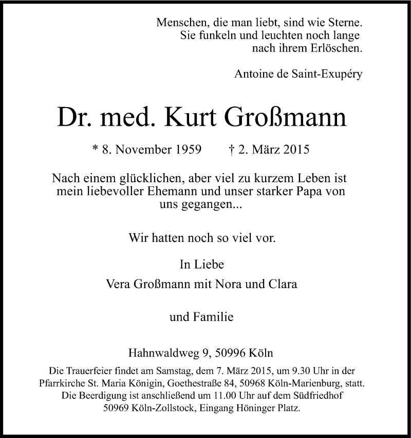  Traueranzeige für Kurt Großmann vom 05.03.2015 aus Kölner Stadt-Anzeiger / Kölnische Rundschau / Express