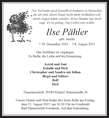 Anzeige von Ilse Pähler von  Wochenende 