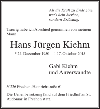 Anzeige von Hans Jügen Kiehm von  Sonntags-Post 