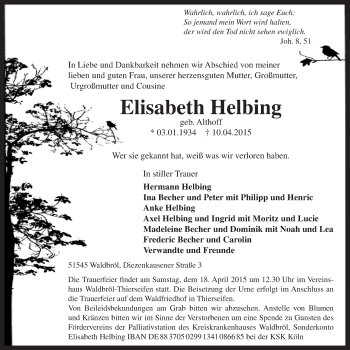Anzeige von Elisabeth Helbing von  Lokalanzeiger 