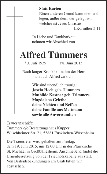 Anzeige von Alfred Tümmers von  Blickpunkt Euskirchen 
