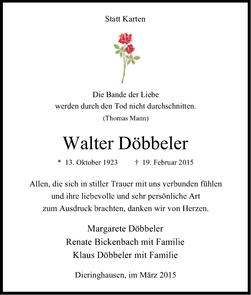 Traueranzeige für Walter Döbbeler vom 28.03.2015 aus Kölner Stadt-Anzeiger / Kölnische Rundschau / Express