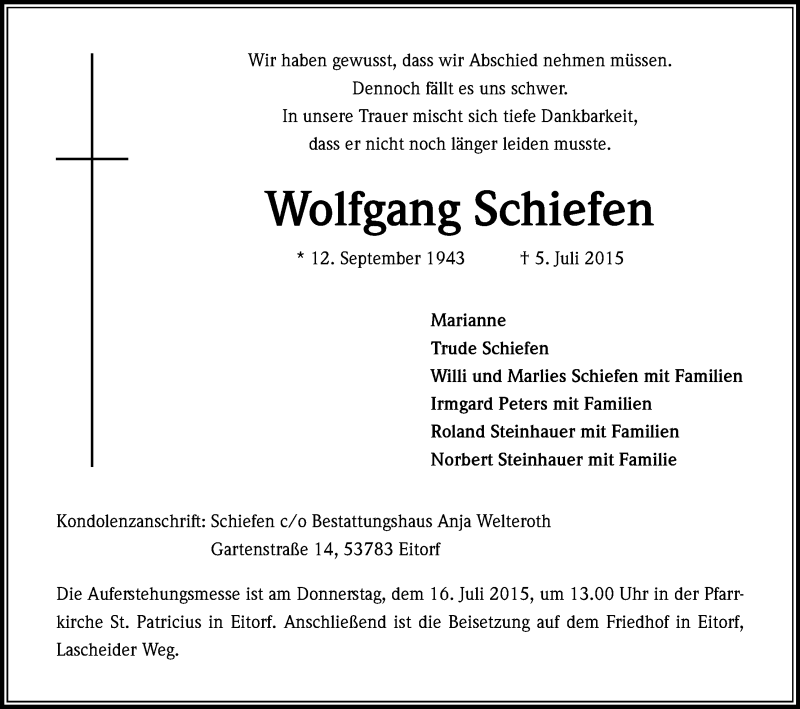  Traueranzeige für Wolfgang Schiefen vom 11.07.2015 aus Kölner Stadt-Anzeiger / Kölnische Rundschau / Express