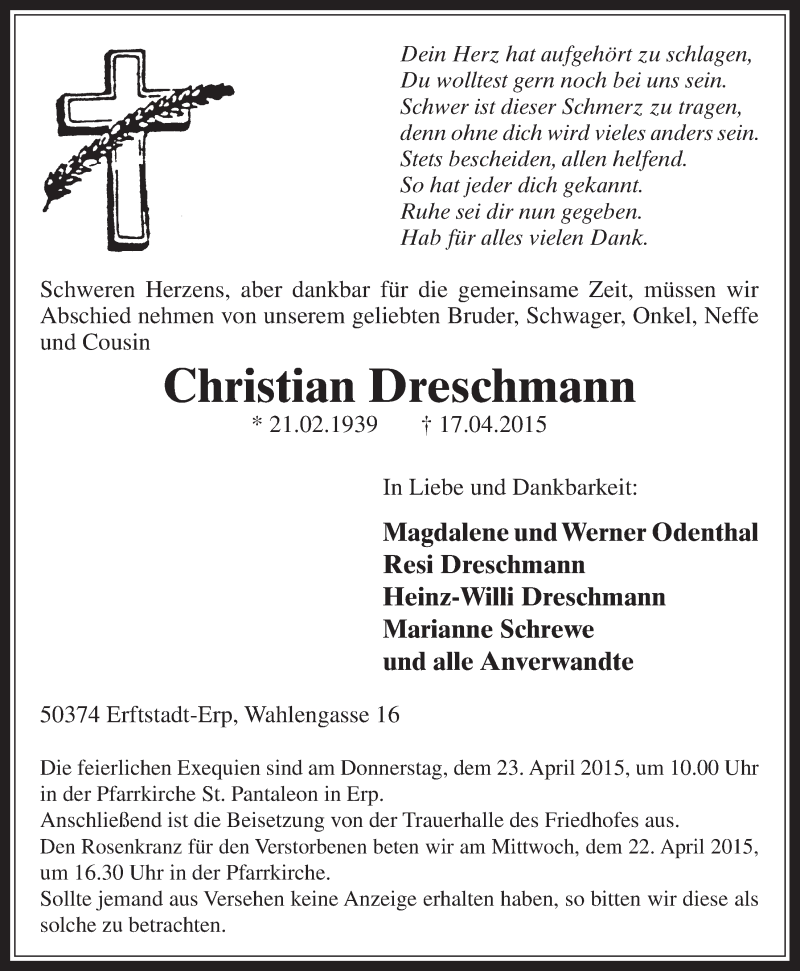  Traueranzeige für Christian Dreschmann vom 22.04.2015 aus  Werbepost 