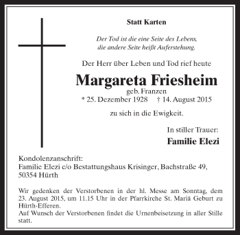 Anzeige von Margareta Friesheim von  Wochenende 