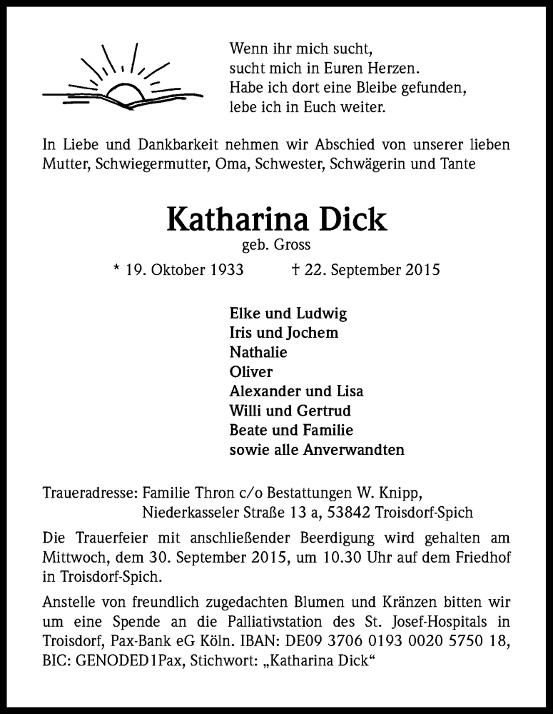  Traueranzeige für Katharina Dick vom 26.09.2015 aus Kölner Stadt-Anzeiger / Kölnische Rundschau / Express