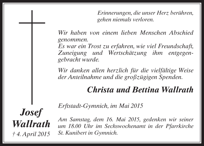 Traueranzeige für Josef Wallrath vom 13.05.2015 aus  Werbepost 