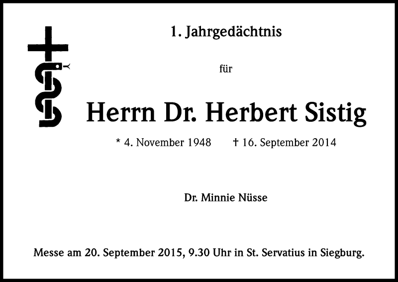  Traueranzeige für Herbert Sistig vom 19.09.2015 aus Kölner Stadt-Anzeiger / Kölnische Rundschau / Express
