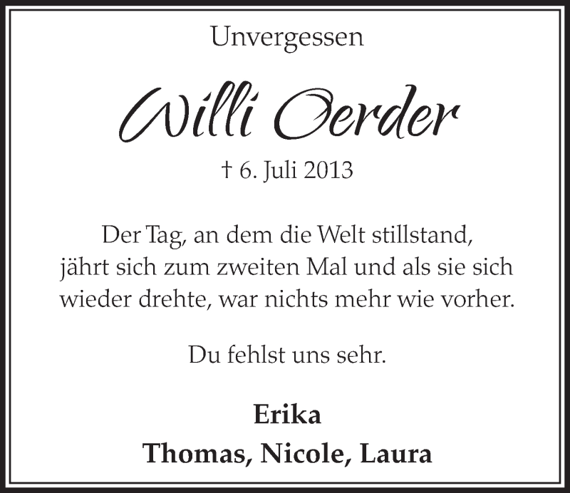  Traueranzeige für Willi Oerder vom 01.07.2015 aus  Schlossbote/Werbekurier 