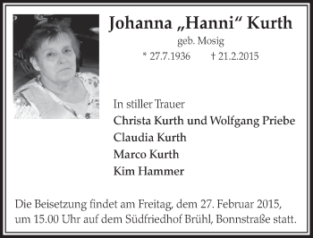 Anzeige von Johanna Kurth von  Schlossbote/Werbekurier 