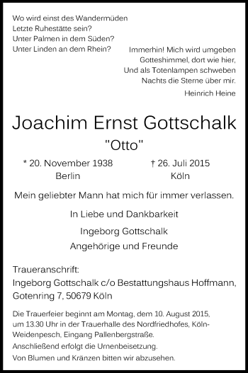 Anzeige von Joachim Ernst Gottschalk von Kölner Stadt-Anzeiger / Kölnische Rundschau / Express