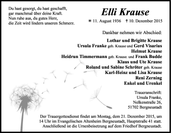 Anzeige von Elli Krause von Kölner Stadt-Anzeiger / Kölnische Rundschau / Express