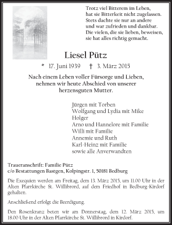 Anzeige von Liesel Pütz von  Werbepost 
