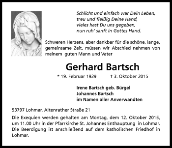 Anzeige von Gerhard Bartsch von Kölner Stadt-Anzeiger / Kölnische Rundschau / Express