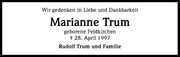 Anzeige von Marianne Trum von Kölner Stadt-Anzeiger / Kölnische Rundschau / Express