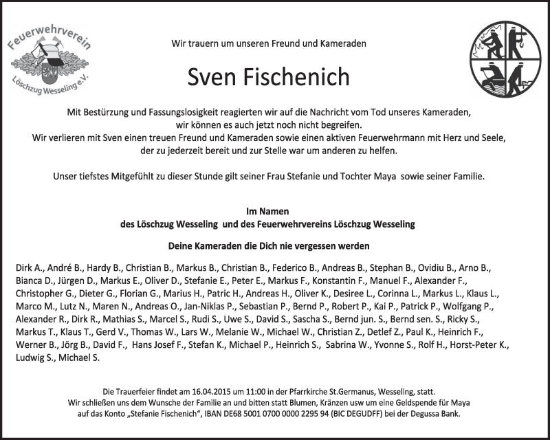  Traueranzeige für Sven Fischenich vom 15.04.2015 aus  Schlossbote/Werbekurier 