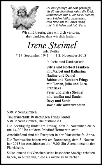 Anzeige von Irene Steimel von Kölner Stadt-Anzeiger / Kölnische Rundschau / Express