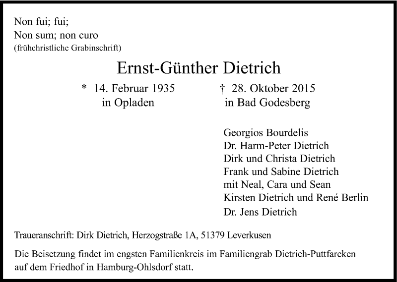  Traueranzeige für Ernst-Günther Dietrich vom 07.11.2015 aus Kölner Stadt-Anzeiger / Kölnische Rundschau / Express