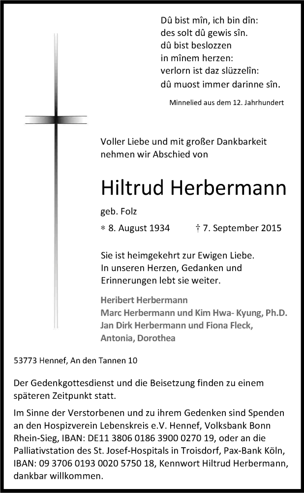  Traueranzeige für Hiltrud Herbermann vom 12.09.2015 aus Kölner Stadt-Anzeiger / Kölnische Rundschau / Express