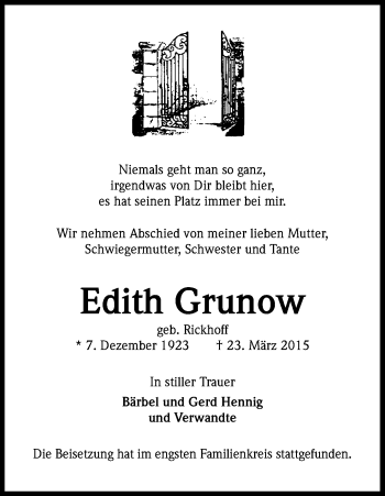 Anzeige von Edith Grunow von Kölner Stadt-Anzeiger / Kölnische Rundschau / Express