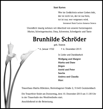 Anzeige von Brunhilde Schröder von Kölner Stadt-Anzeiger / Kölnische Rundschau / Express