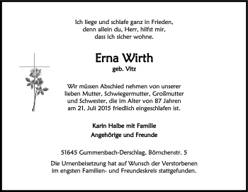Anzeige von Erna Wirth von Kölner Stadt-Anzeiger / Kölnische Rundschau / Express