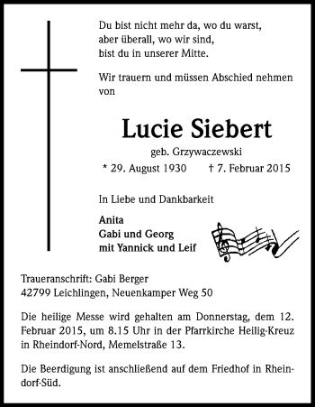 Anzeige von Lucie Siebert von Kölner Stadt-Anzeiger / Kölnische Rundschau / Express