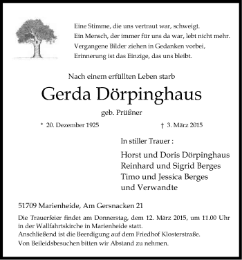 Anzeige von Gerda Dörpinghaus von Kölner Stadt-Anzeiger / Kölnische Rundschau / Express