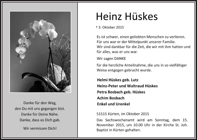  Traueranzeige für Heinz Hüskes vom 04.11.2015 aus  Bergisches Handelsblatt 