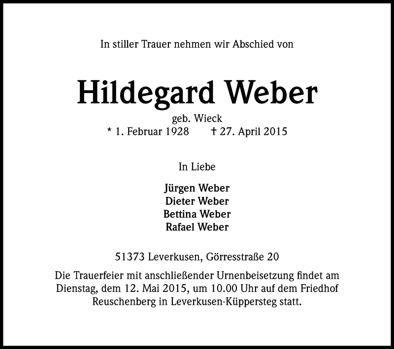  Traueranzeige für Hildegard Weber vom 06.05.2015 aus Kölner Stadt-Anzeiger / Kölnische Rundschau / Express