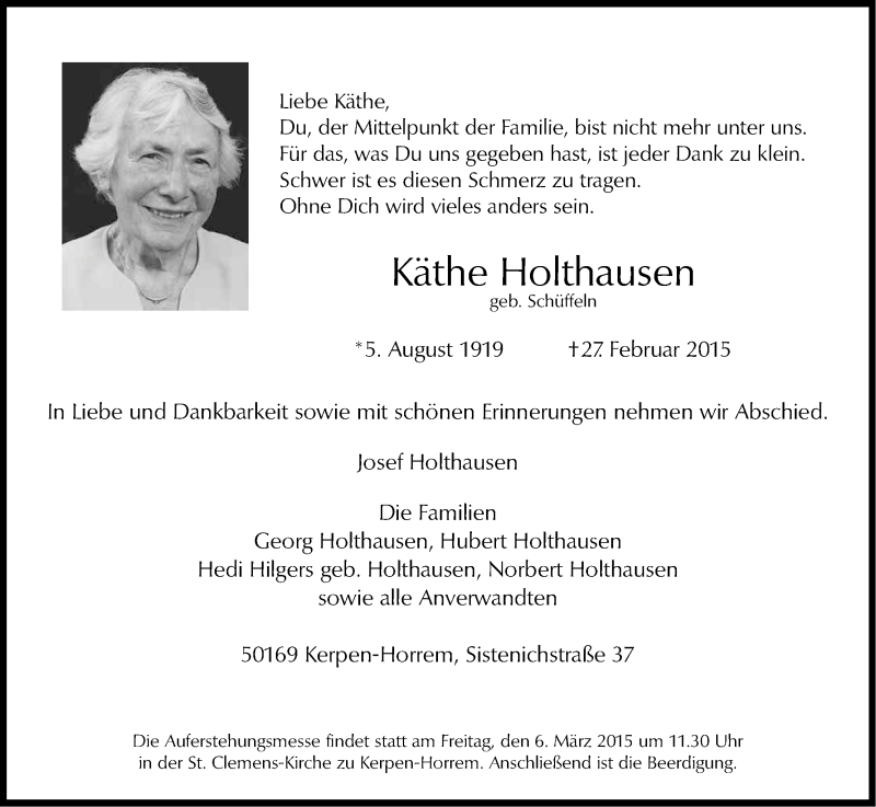  Traueranzeige für Käthe Holthausen vom 04.03.2015 aus Kölner Stadt-Anzeiger / Kölnische Rundschau / Express