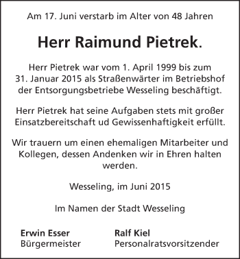 Anzeige von Raimund Pietrek von  Schlossbote/Werbekurier 