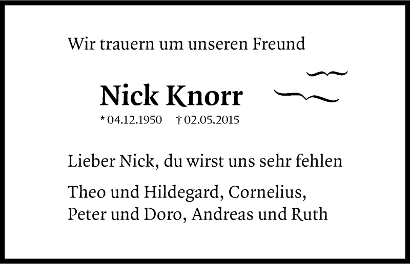  Traueranzeige für Nick Knorr vom 20.05.2015 aus Kölner Stadt-Anzeiger / Kölnische Rundschau / Express