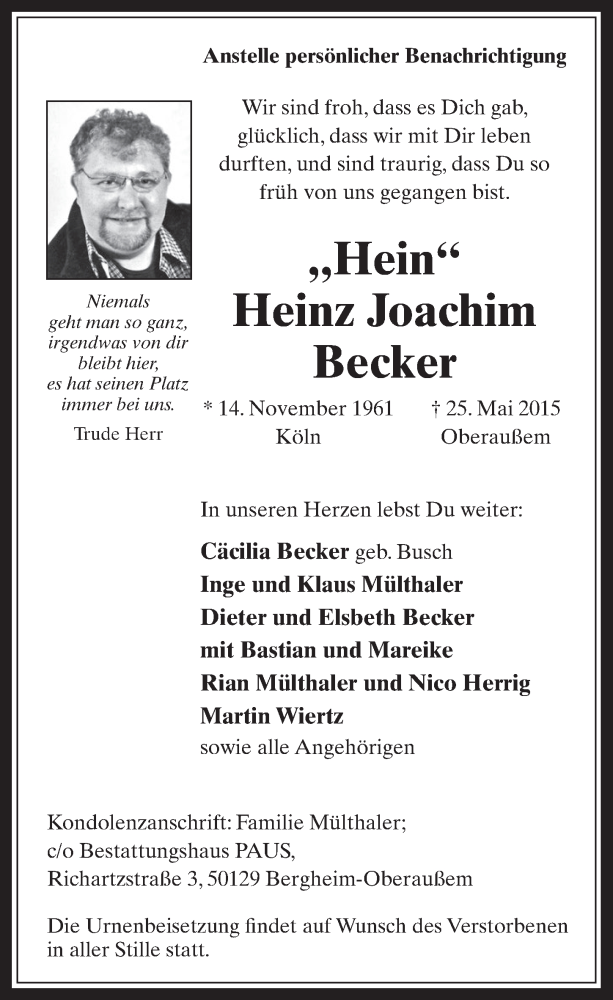  Traueranzeige für Heinz Joachim Becker vom 03.06.2015 aus  Werbepost 