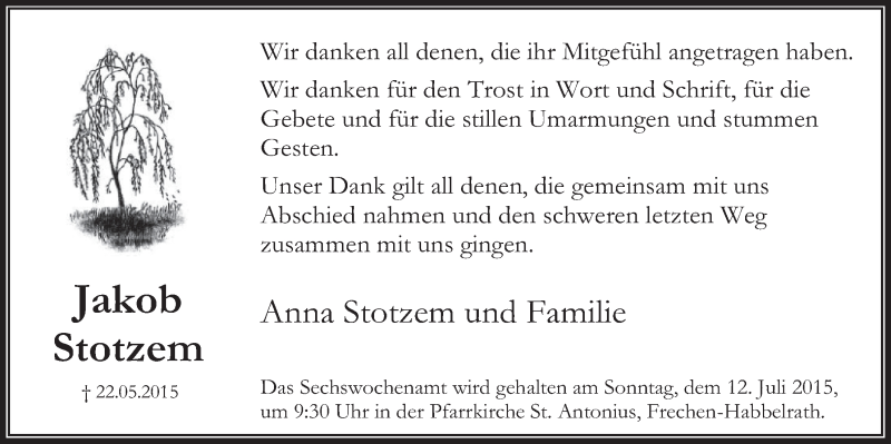  Traueranzeige für Jakob Stotzem vom 04.07.2015 aus  Sonntags-Post 