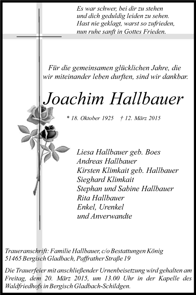  Traueranzeige für Joachim Hallbauer vom 14.03.2015 aus Kölner Stadt-Anzeiger / Kölnische Rundschau / Express