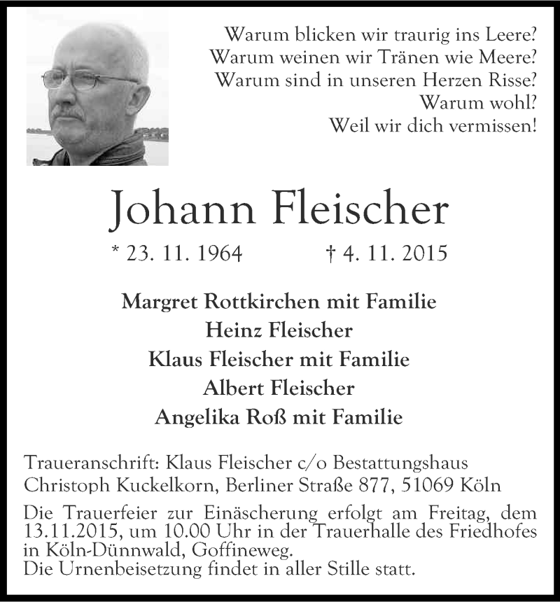  Traueranzeige für Johann Fleischer vom 07.11.2015 aus Kölner Stadt-Anzeiger / Kölnische Rundschau / Express